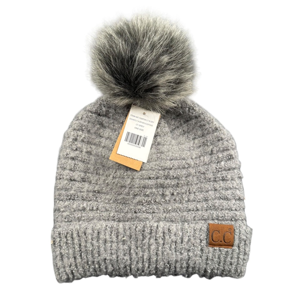 CC Beanie Pom Hat Gray Textured Knit Faux Fur Winter Warm Women‎ 627